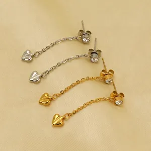 Stainless Steel Heart Tassel Drop Earrings For Women Elegant Rhinestone Long Chain Dangle Ear Studs Fashion Jewelry
