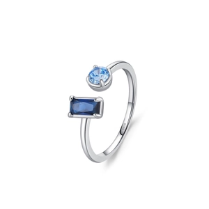 Bague ouverte élégante en argent S925 avec zircons bleus ronds et rectangulaires