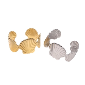 Minimalist wide scallop open cuff bracelet in gold and silver stainless steel finish