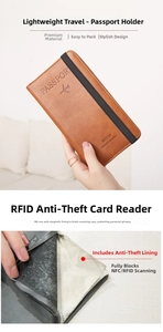 Detail view of RFID blocking lining inside the brown leather long travel passport wallet