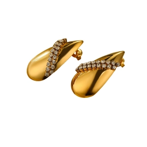 Fashionable gold teardrop stud earrings with zircon inlay in polished stainless steel