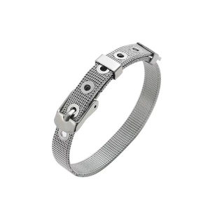 Modern silver stainless steel mesh bracelet with adjustable belt buckle design and polished finish