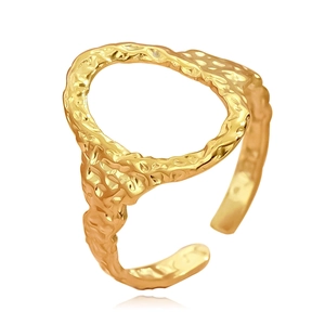 Adjustable irregular oval stainless steel ring with hammered gold texture and open design