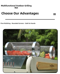Outdoor rolling stainless steel BBQ basket filled with fresh vegetables on grill