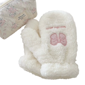 Plush white mittens with pink bow embroidery and warm fleece lining for winter cycling