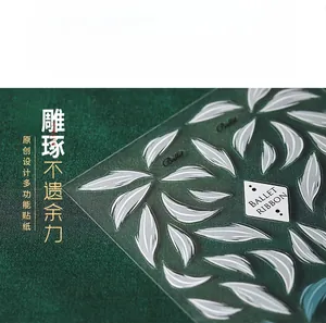 Detailed macro view of 5D embossed ballet ribbon nail art sticker on green fabric