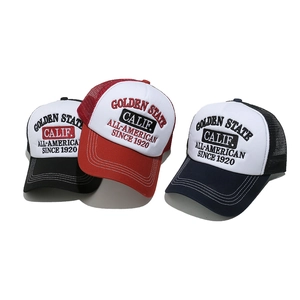 Mesh trucker hat featuring Golden State embroidery in black, red, and navy white