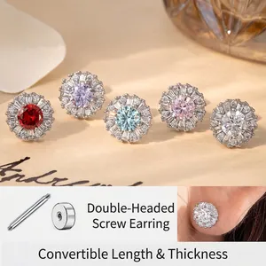 Round Cubic Zirconia Stud Earrings With Titanium Steel Earring Post Screw Back Halo Sunflower Shape Elegant For Women