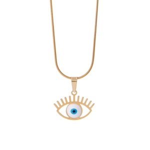 Golden Evil Eye pendant necklace with eyelash detail on a gold-plated snake chain