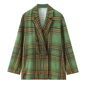 Women's green and brown plaid blazer with double-breasted buttons and classic lapels