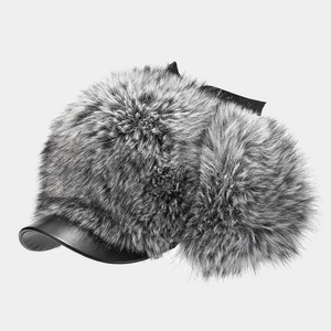 Winter trapper hat with leather brim and thick grey faux fur lining for outdoor warmth