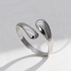 Minimalist silver water drop open ring with a polished liquid metal teardrop design