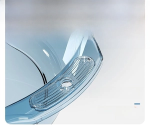 Close-up of a light blue transparent plastic basin showing the non-slip handle and hanging hole