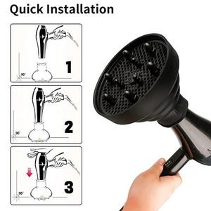 Three-step quick installation guide for the black silicone hair dryer diffuser tool
