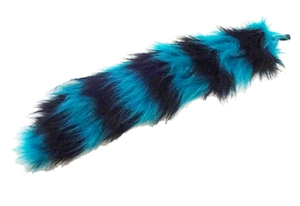Detailed view of blue and black striped faux fur tail accessory for Halloween cosplay costume