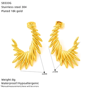 Detail view of irregular gold wings earrings in 18k gold-plated 304 stainless steel