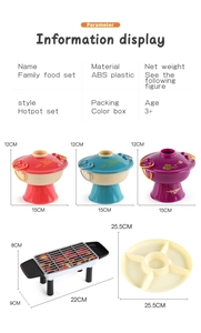 Detailed size chart for kids play kitchen set showing hotpot and BBQ dimensions