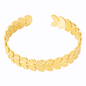 Polished gold stainless steel C-shaped cuff bracelet with textured leaf pattern design