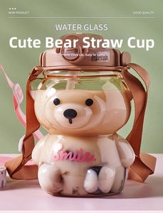 Close-up of cute bear-shaped water bottle with straw, brown strap and Smile lettering