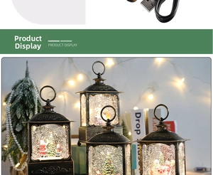 Close-up of vintage bronze Christmas lanterns with glitter water and holiday figurines