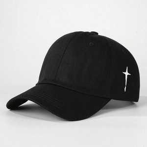Classic black cotton baseball cap with white cross embroidery and curved brim for outdoor sun protection