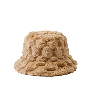 Solid camel plush bucket hat with checkered texture for winter warmth and style