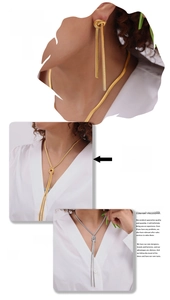 Detail view of 18k gold plated knot tassel snake chain necklace and earrings set on model