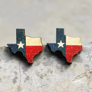 Macro shot of Texas flag wooden stud earrings with a sparkling glitter finish on concrete