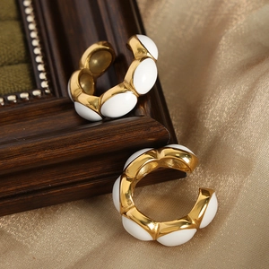 French vintage gold plated titanium steel C-shape hoop earrings with white enamel inlay