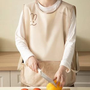 Waterproof beige kitchen apron with rabbit print and towel side panels for hand drying