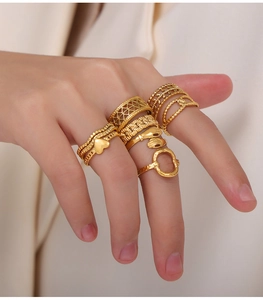 Detail view of gold-plated geometric rings with heart patterns worn on fingers