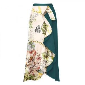 Elegant asymmetric floral print midi skirt with ruffles and green paneled design