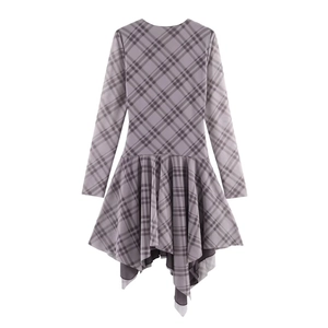 Women's plaid dress with long sleeves and asymmetrical draped hem in purple and grey