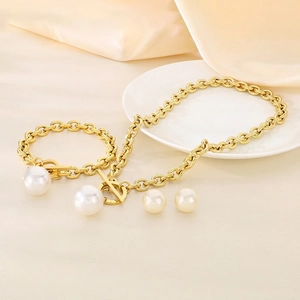 Stainless Steel Imitation Artificial Pearl Necklace Bracelet And Earrings Jewelry For Women Fashion Toggle Clasp Elegant Style