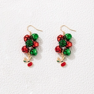 Christmas pearl earrings with festive red green bells and gold reindeer pendants