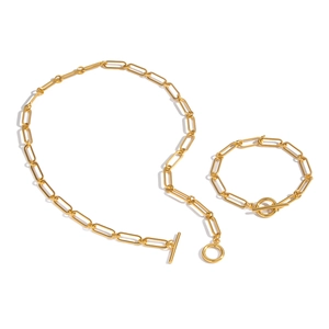 Minimalist golden paperclip chain necklace and bracelet set with OT toggle clasp