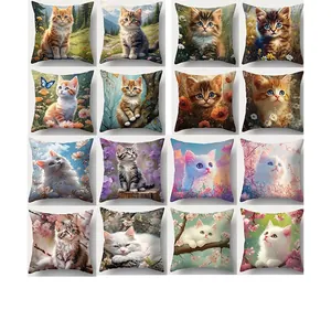 Modern Cute Cat Animal Print Pillow Cover Polyester Floral Art Illustration For Home Sofa Bedroom Decor