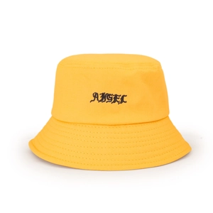 Close-up of gothic ANGEL embroidery on yellow twill cotton sun bucket hat