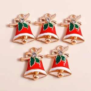 Lot de 5 pendentifs cloches de Noël en alliage émaillé avec strass pour bijoux