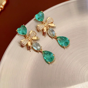 French Elegant Green Heart And Waterdrop Long Drop Earrings With Bow Zircon Copper Gold Plated Silver Earring Post For Women