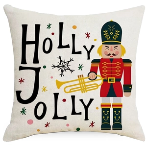 Christmas nutcracker throw pillow cover with Holly Jolly print on beige faux linen fabric