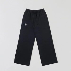Black cotton wide-leg joggers with drawstring elastic waist and cross graphic print