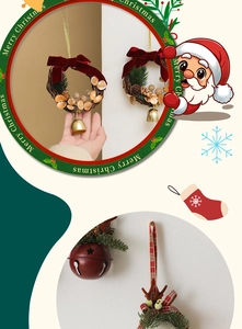 Detail of Christmas wreath ornament with red velvet bow, pine cones, and gold bells