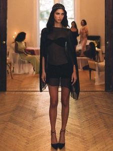 Sexy black sheer chiffon cover-up with long sleeves and irregular hem for street style fashion