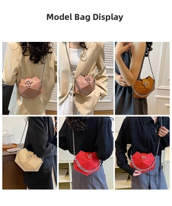 Collage of model carrying a geometric heart-shaped crossbody bag with floral texture