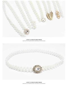 Detailed close-up of pearl belts with elegant flower and leaf shaped metal buckles