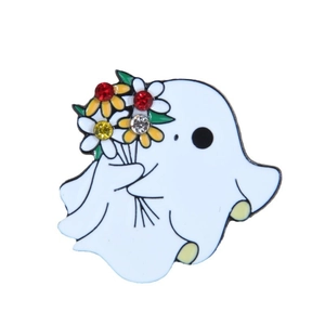 Creative ghost enamel pin with sparkling rhinestone flower bouquet for backpacks and jackets