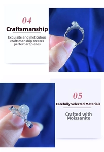 Detailed view of moissanite ring with round cut center stone and pavé set silver band