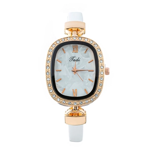 Fashionable oval quartz watch with rhinestone bezel, shell dial and white leather strap