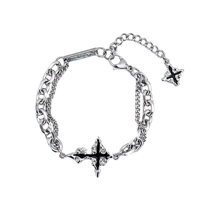 Silver double-layer chain bracelet with black cross pendant and adjustable buckle for men